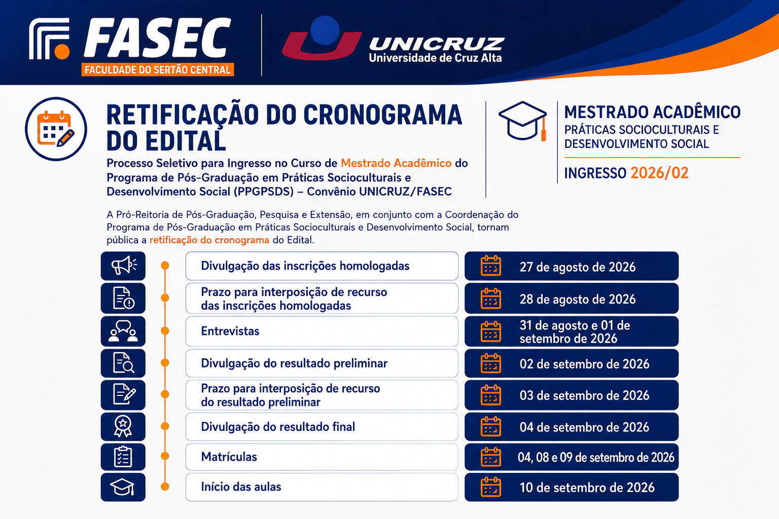 Retificação do cronograma do edital do Mestrado Acadêmico em Práticas Socioculturais e Desenvolvimento Social — ingresso 2026/02, com as datas de homologação das inscrições, recursos, entrevistas, resultados, matrículas e início das aulas