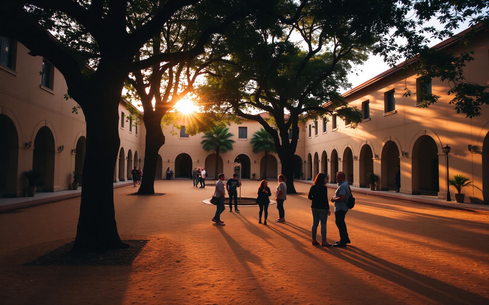 Pátio universitário ao entardecer com estudantes conversando